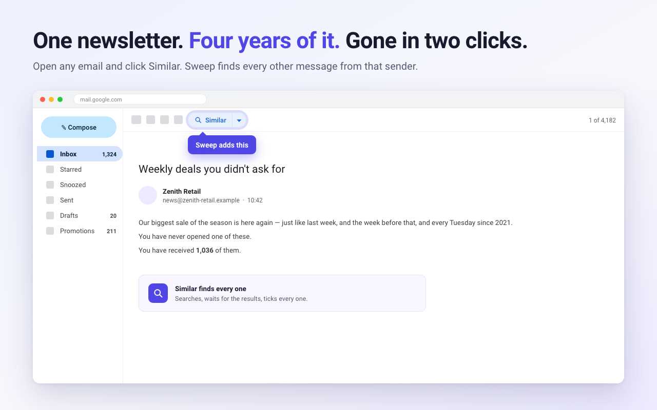 Gmail with Sweep's Similar button in the toolbar above an open newsletter