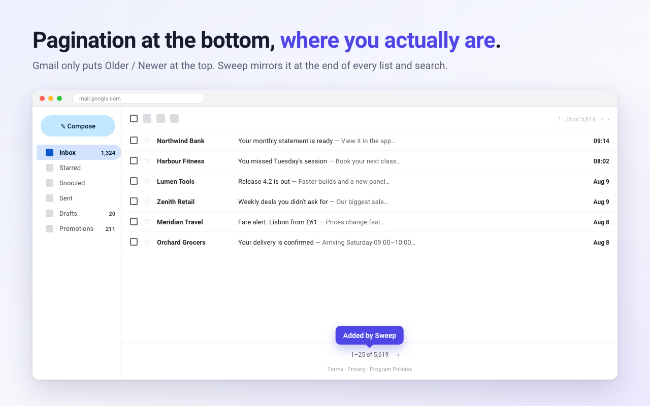 A second set of pagination arrows at the bottom of a Gmail message list